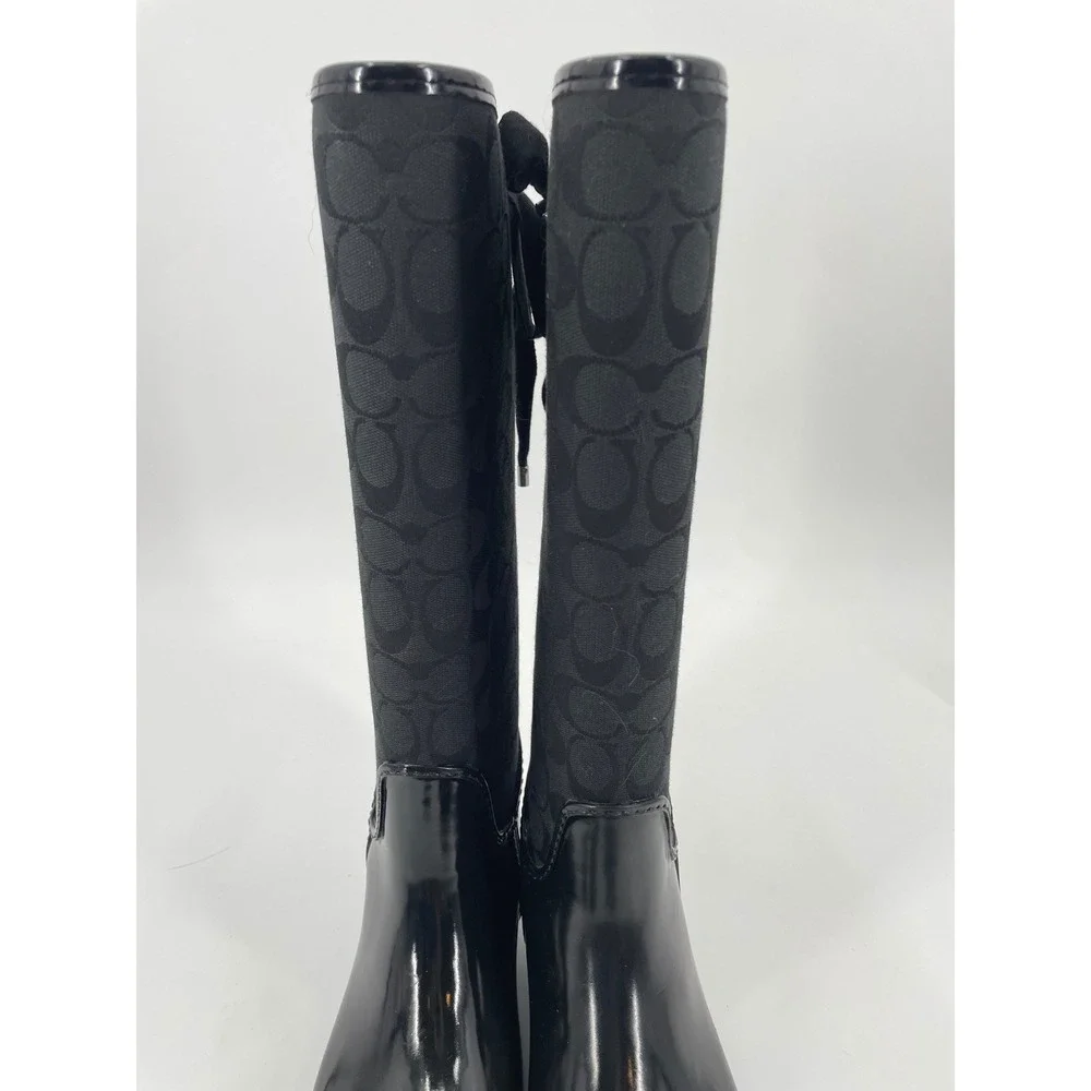 Coach Rain Boots Womens 8 Black Rubber Canvas Monogram Lace Up Tall Luxury